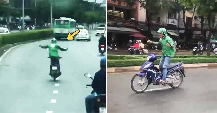 Clip: Tài xế Grabbike buông hai tay, vừa lạng lách nhún nhảy giữa đường