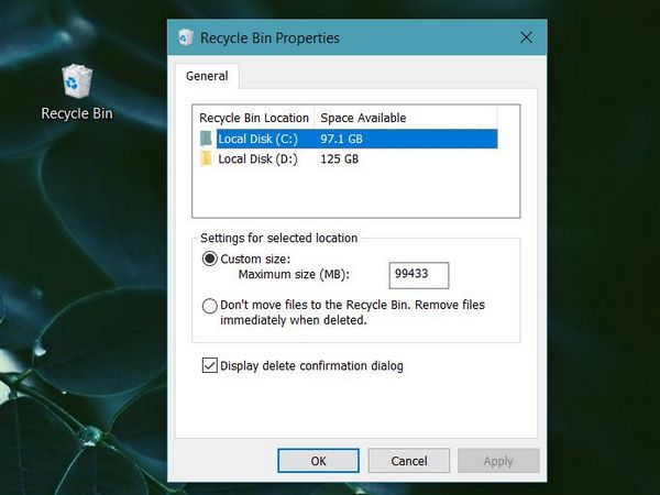 Thủ thuật Windows 10: giới hạn dung lượng của Recyle Bin