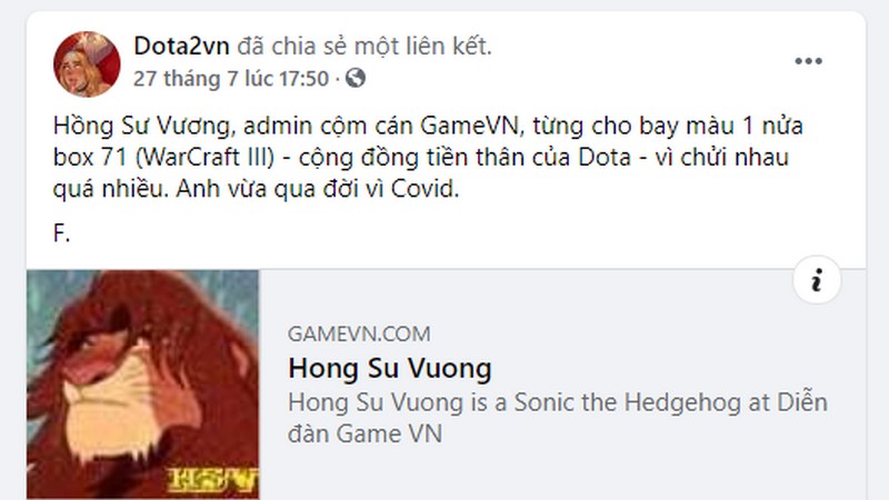 Vĩnh biệt Hồng Sư Vương - Admin diễn đàn GameVN vừa qua đời vì COVID-19